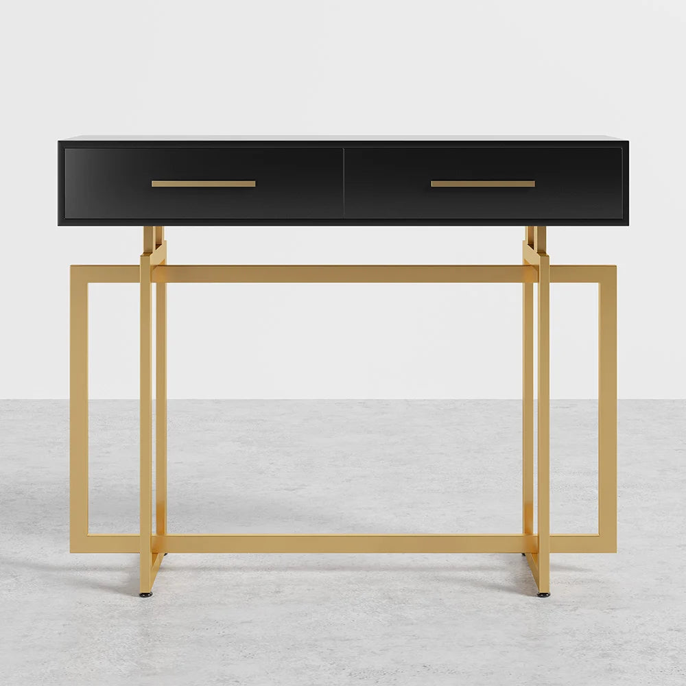 1000mm Modern Narrow Black Console Table with Storage Drawers and Metal Legs in Gold - 
