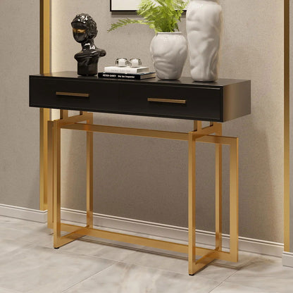 1000mm Modern Narrow Black Console Table with Storage Drawers and Metal Legs in Gold - 