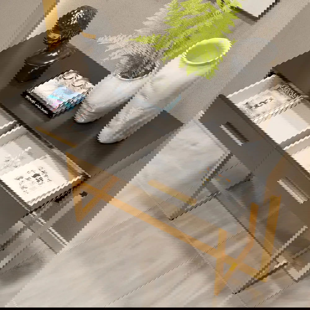 1000mm Modern Narrow Black Console Table with Storage Drawers and Metal Legs in Gold - 