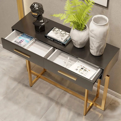 1000mm Modern Narrow Black Console Table with Storage Drawers and Metal Legs in Gold - 