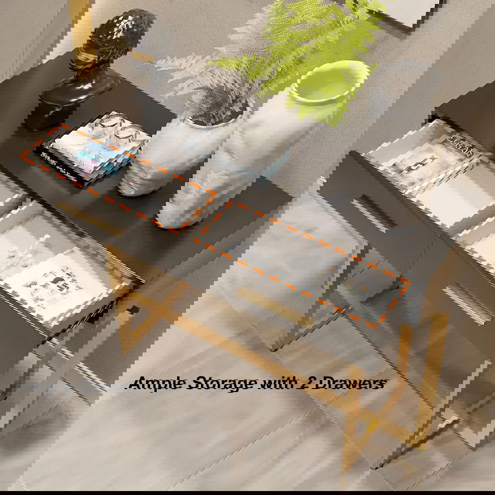 1000mm Modern Narrow Black Console Table with Storage Drawers and Metal Legs in Gold - 