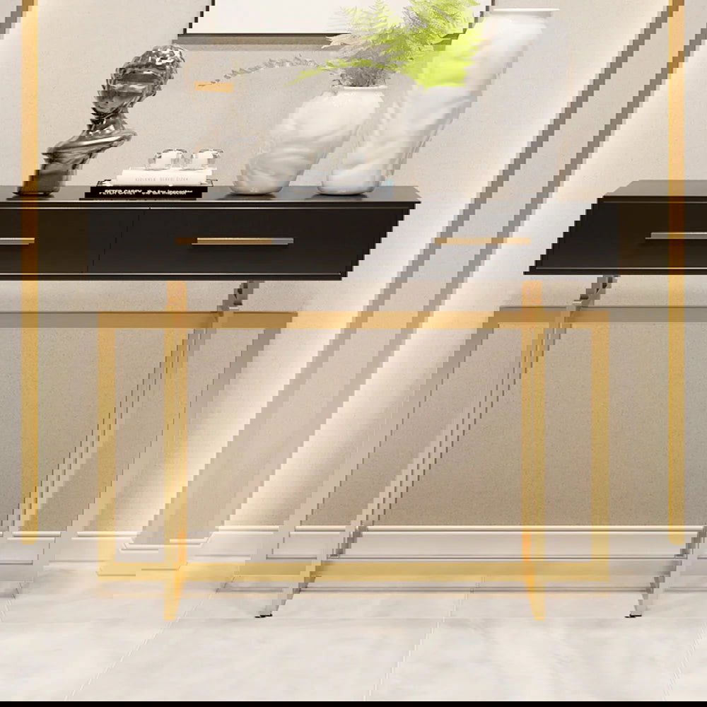 1000mm Modern Narrow Black Console Table with Storage Drawers and Metal Legs in Gold - 