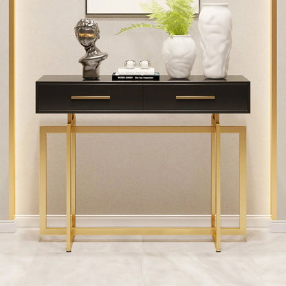 1000mm Modern Narrow Black Console Table with Storage Drawers and Metal Legs in Gold - 