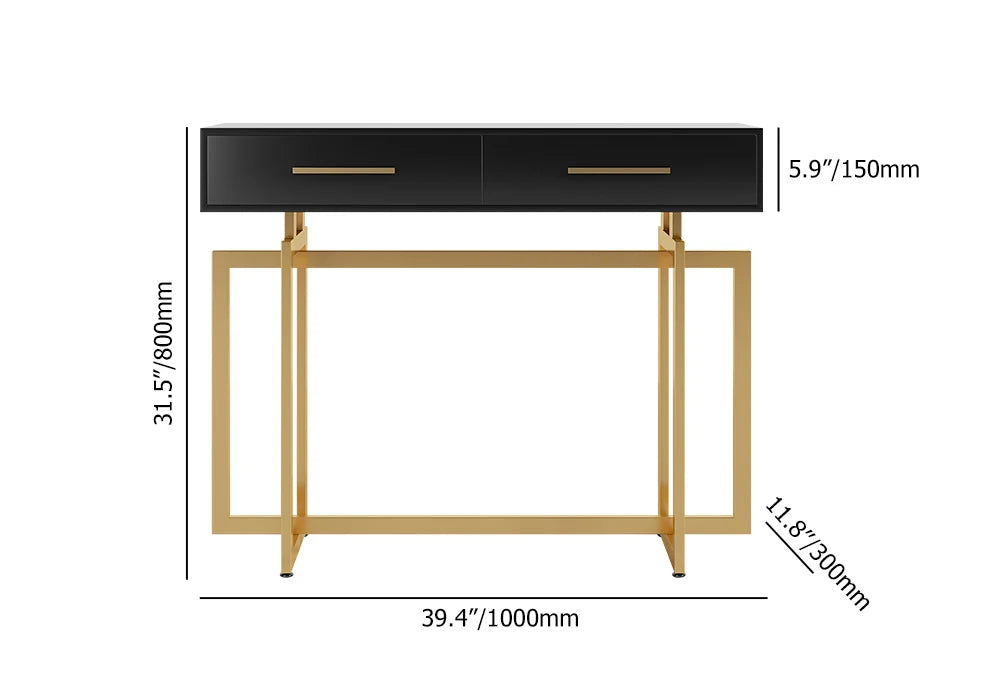 1000mm Modern Narrow Black Console Table with Storage Drawers and Metal Legs in Gold - 