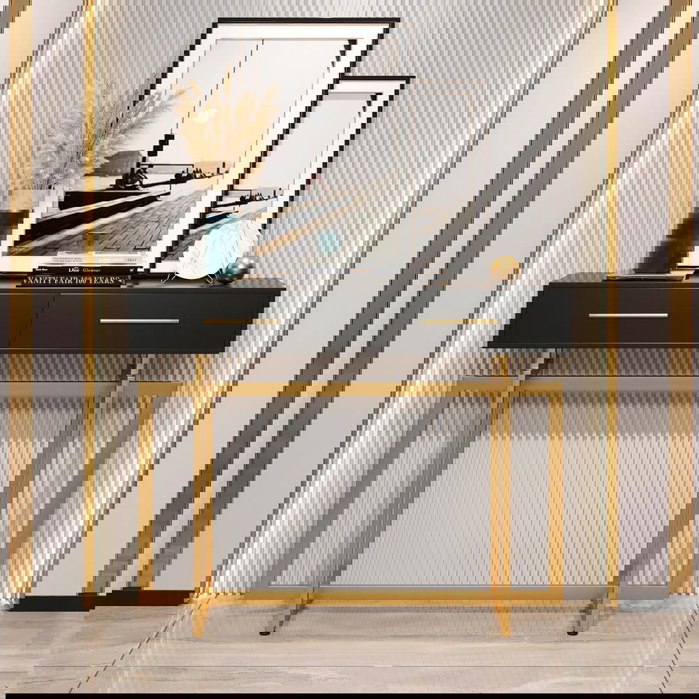 1000mm Modern Narrow Black Console Table with Storage Drawers and Metal Legs in Gold - 