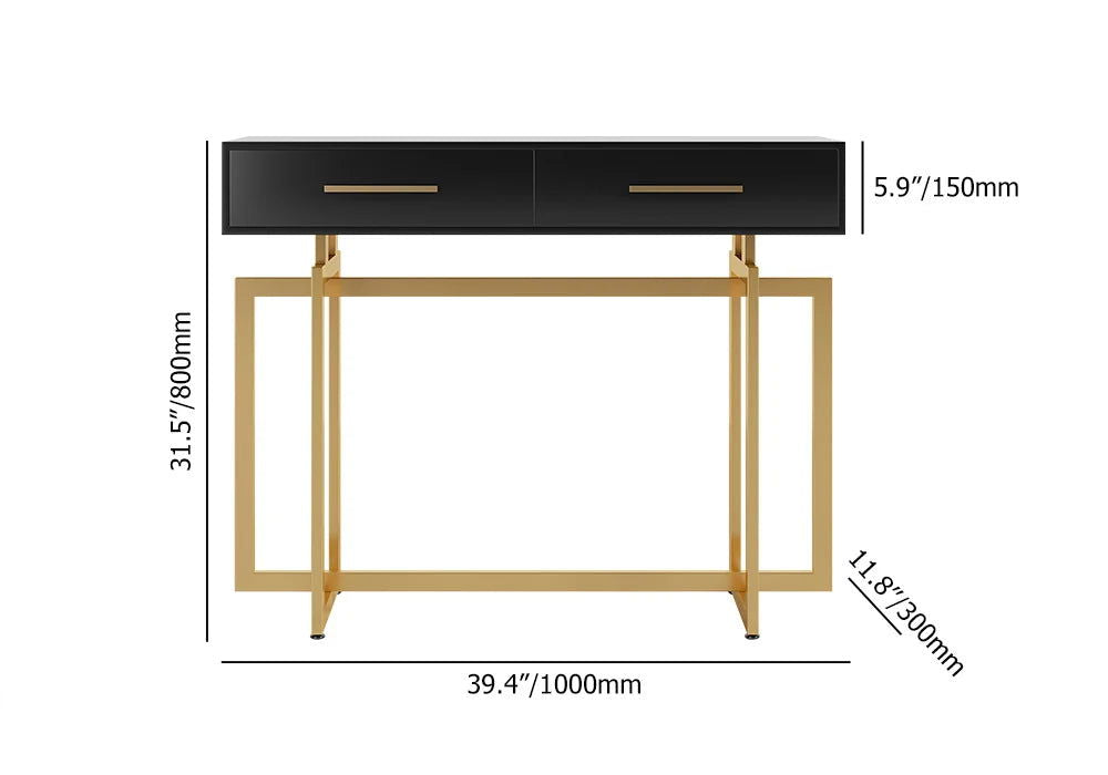 1000mm Modern Narrow Black Console Table with Storage Drawers and Metal Legs in Gold - 