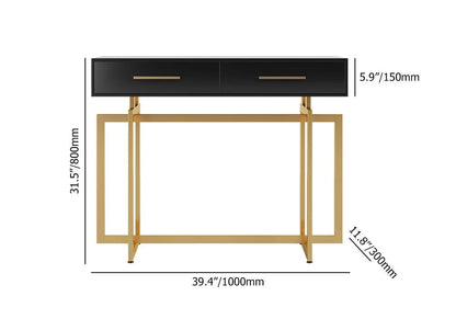 1000mm Modern Narrow Black Console Table with Storage Drawers and Metal Legs in Gold - 