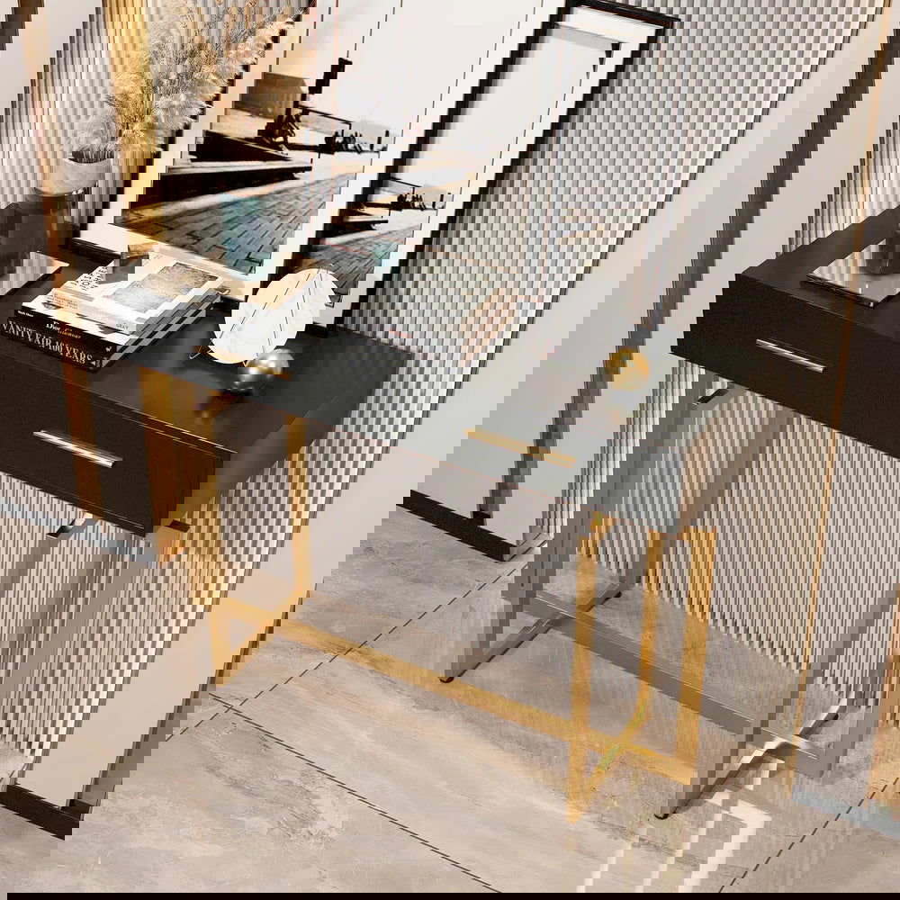 1000mm Modern Narrow Black Console Table with Storage Drawers and Metal Legs in Gold - Homary