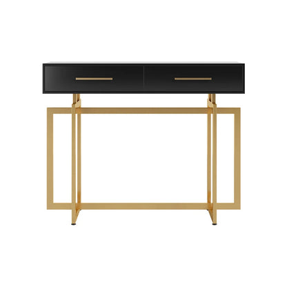 1000mm Modern Narrow Black Console Table with Storage Drawers and Metal Legs in Gold - Homary