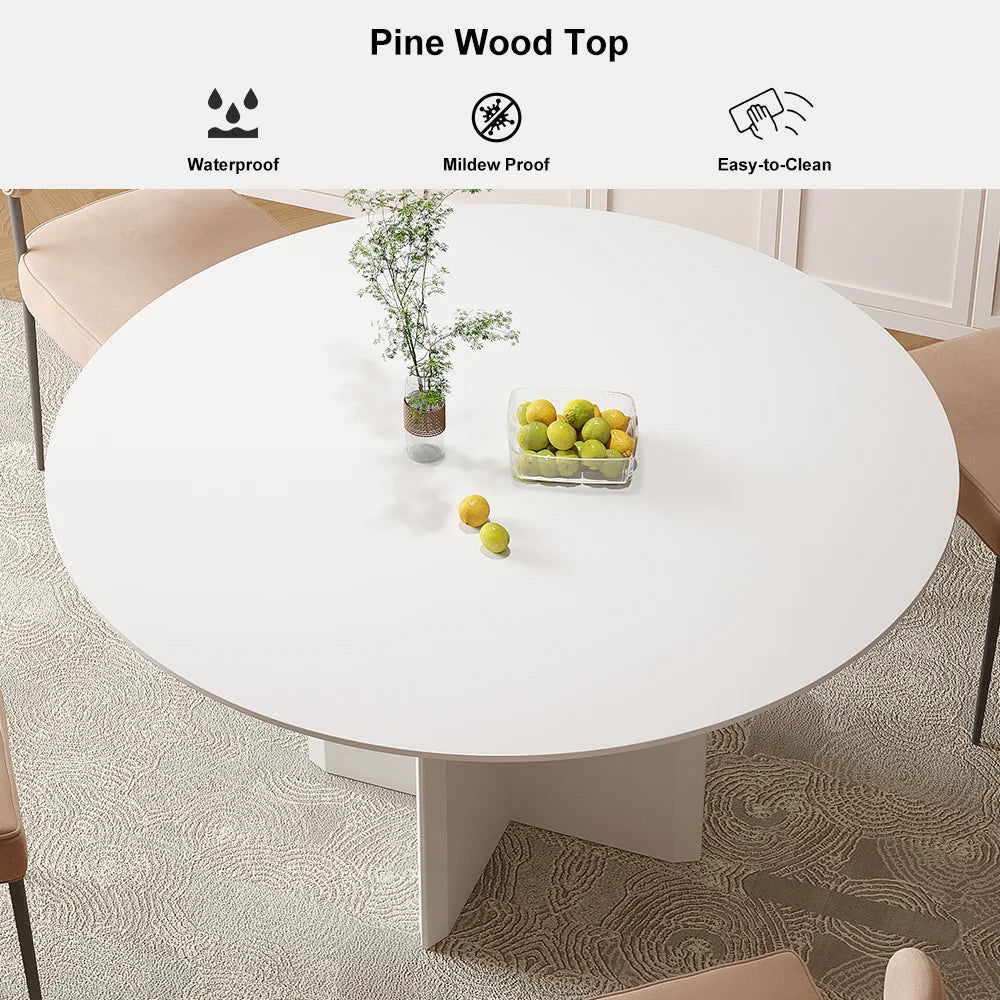 1000mm Modern Round Dining Table for 4 White Solid Wood Tabletop Pedestal Base - 