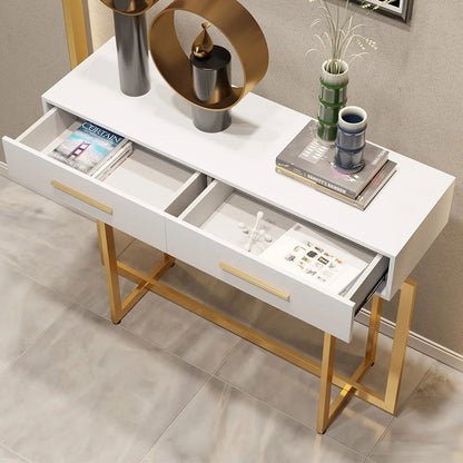 1000mm Narrow Console Table with Storage Drawers White Hallway Table with Metal Legs - 