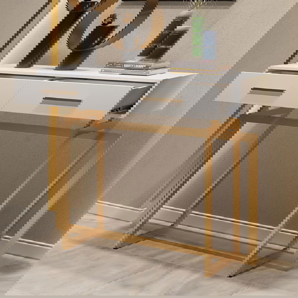 1000mm Narrow Console Table with Storage Drawers White Hallway Table with Metal Legs - 