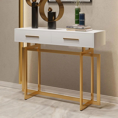 1000mm Narrow Console Table with Storage Drawers White Hallway Table with Metal Legs - 
