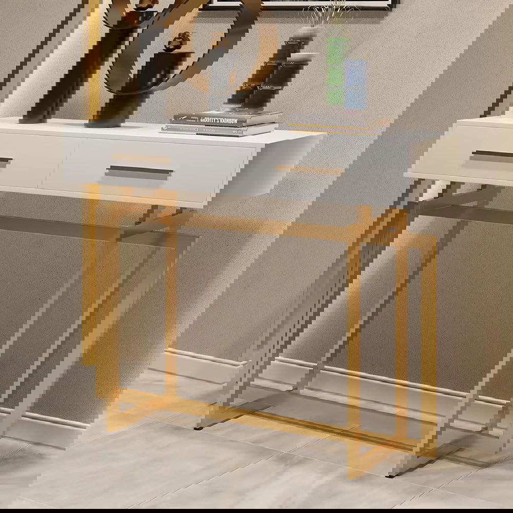 1000mm Narrow Console Table with Storage Drawers White Hallway Table with Metal Legs - 