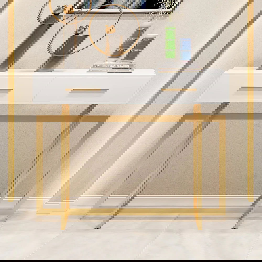 1000mm Narrow Console Table with Storage Drawers White Hallway Table with Metal Legs - 