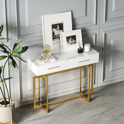 1000mm Narrow Console Table with Storage Drawers White Hallway Table with Metal Legs - Homary