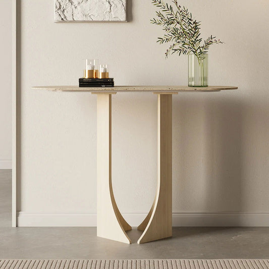 1000mm Oval Travertine Stone Console Table Modern Entryway Table with Abstract Base - Homary