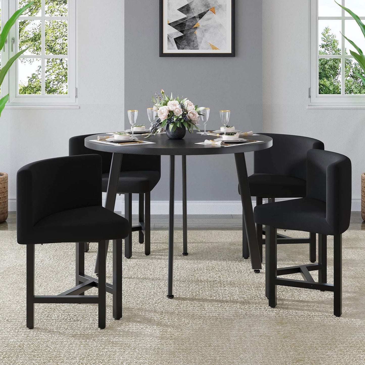 1000mm Round Black Small Nesting Dining Table Set for 4 Black Upholstered Chairs - 