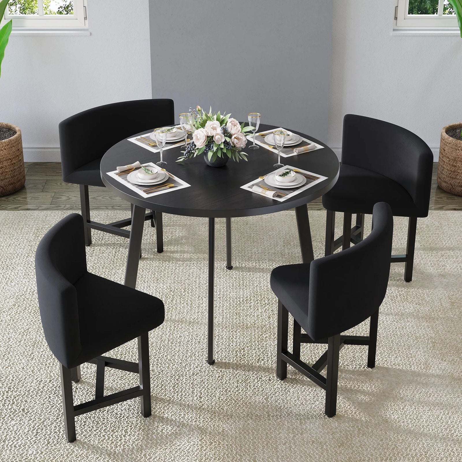 1000mm Round Black Small Nesting Dining Table Set for 4 Black Upholstered Chairs - 