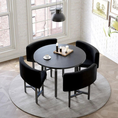 1000mm Round Black Small Nesting Dining Table Set for 4 Black Upholstered Chairs - 