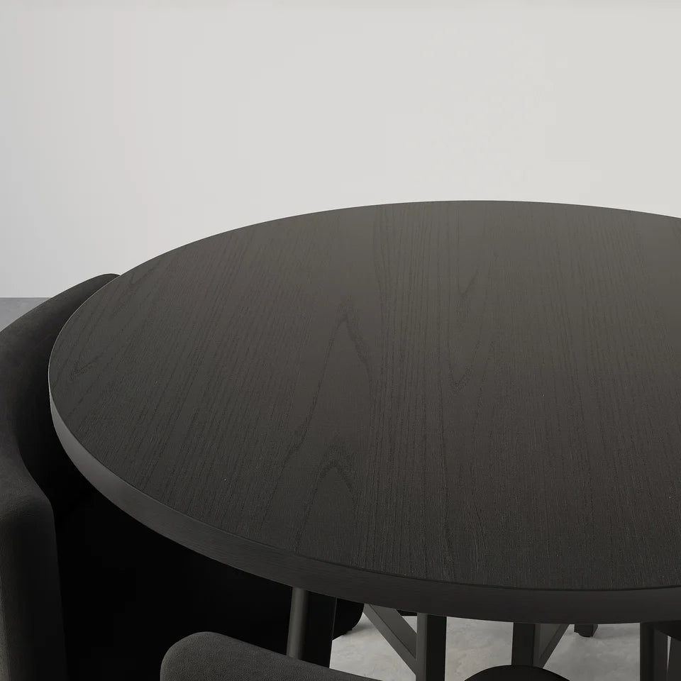 1000mm Round Black Small Nesting Dining Table Set for 4 Black Upholstered Chairs - 