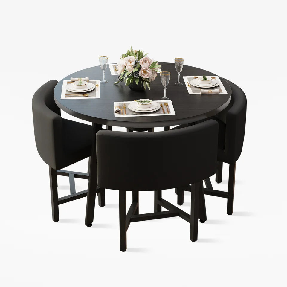 1000mm Round Black Small Nesting Dining Table Set for 4 Black Upholstered Chairs - 