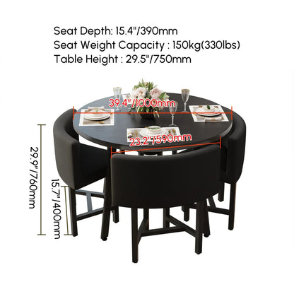 1000mm Round Black Small Nesting Dining Table Set for 4 Black Upholstered Chairs - 