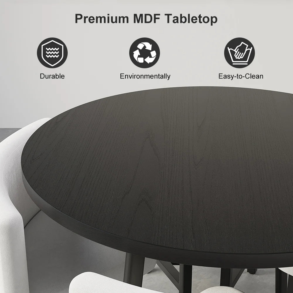 1000mm Round Black Small Nesting Dining Table Set for 4 Black Upholstered Chairs - 