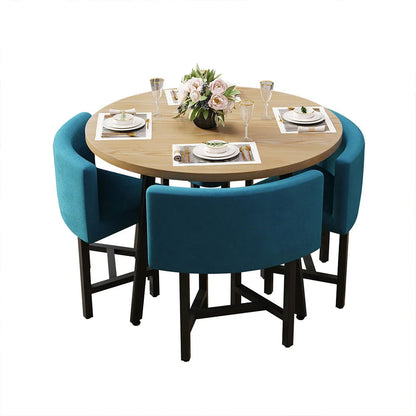 1000mm Round Wooden 4 Person Dining Table with Blue Upholstered Chairs Set for Nook Balc - 