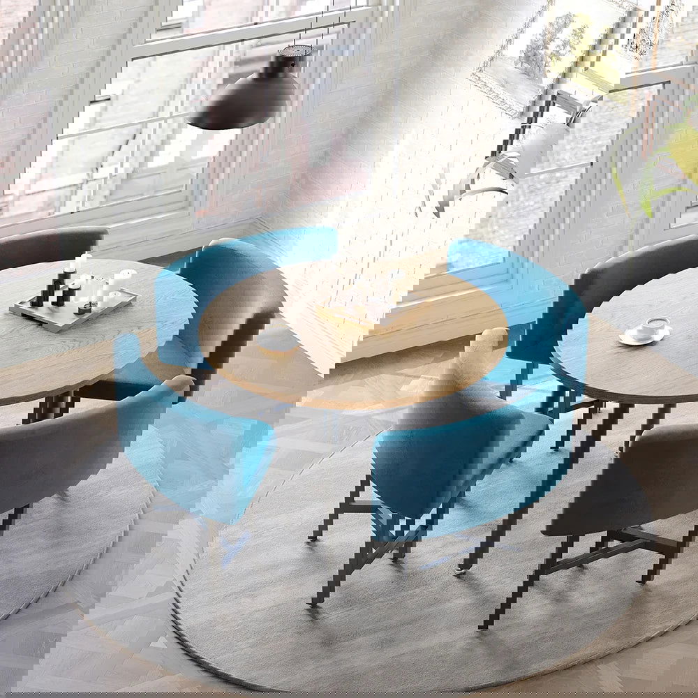 1000mm Round Wooden 4 Person Dining Table with Blue Upholstered Chairs Set for Nook Balc - 