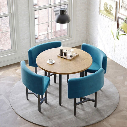 1000mm Round Wooden 4 Person Dining Table with Blue Upholstered Chairs Set for Nook Balc - 