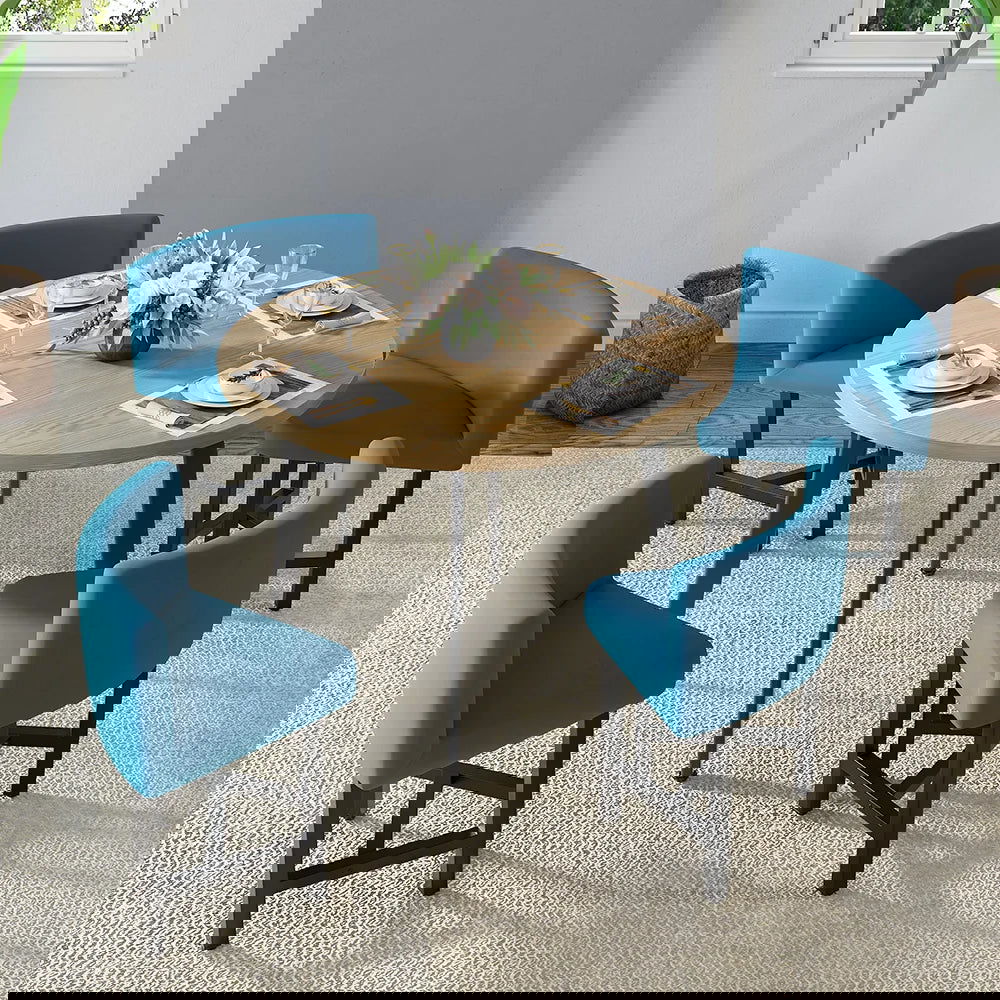 1000mm Round Wooden 4 Person Dining Table with Blue Upholstered Chairs Set for Nook Balc - 