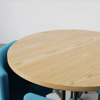 1000mm Round Wooden 4 Person Dining Table with Blue Upholstered Chairs Set for Nook Balc - 