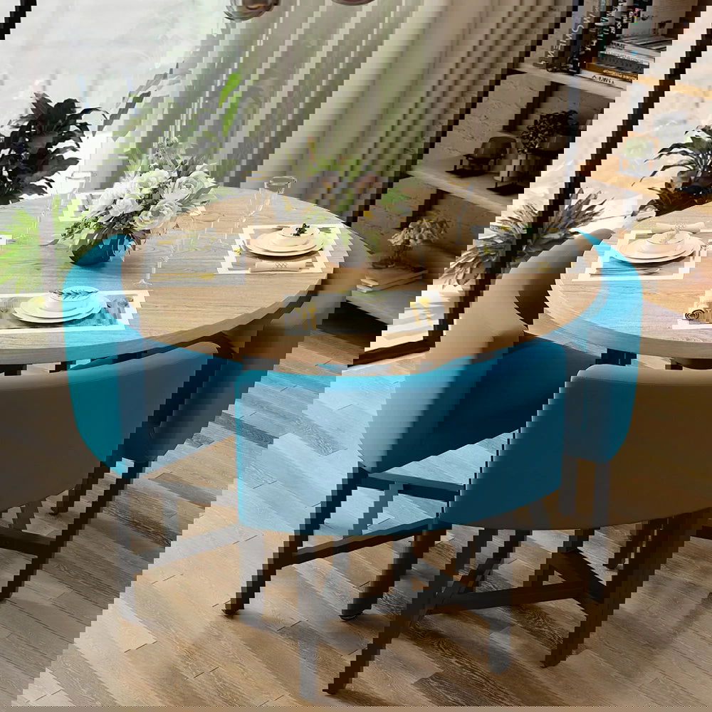 1000mm Round Wooden 4 Person Dining Table with Blue Upholstered Chairs Set for Nook Balc - Homary