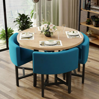 1000mm Round Wooden 4 Person Dining Table with Blue Upholstered Chairs Set for Nook Balc - Homary