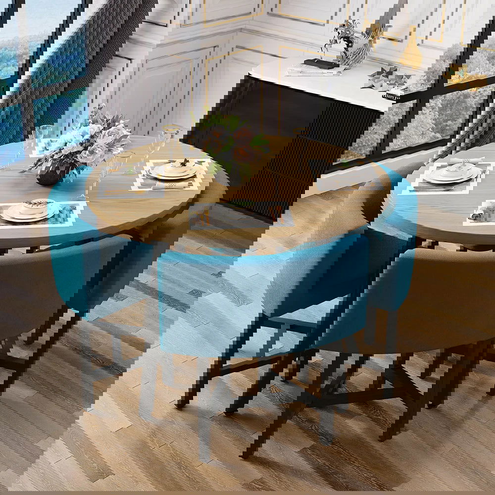 1000mm Round Wooden 4 Person Dining Table with Blue Upholstered Chairs Set for Nook Balc - Homary
