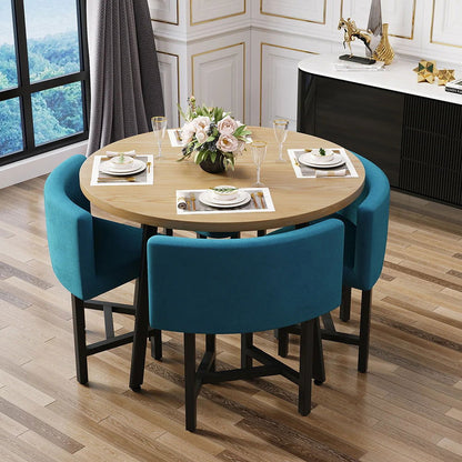 1000mm Round Wooden 4 Person Dining Table with Blue Upholstered Chairs Set for Nook Balc - Homary