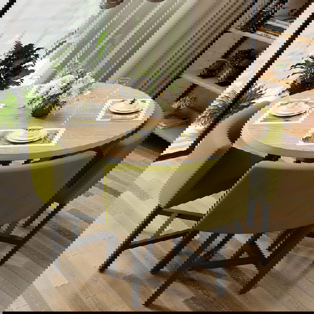 1000mm Round Wooden 4 Seater Dining Table Set Yellow Upholstered Chairs for Nook Balcony - 