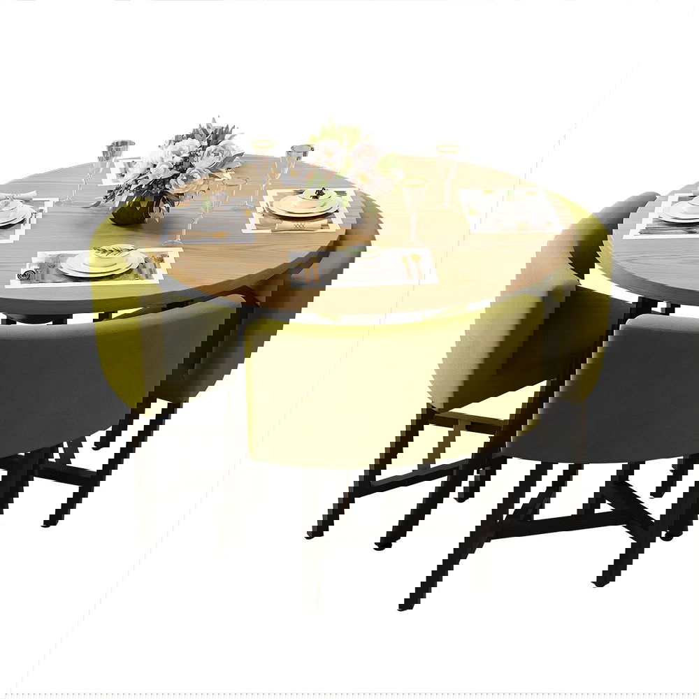 1000mm Round Wooden 4 Seater Dining Table Set Yellow Upholstered Chairs for Nook Balcony - 