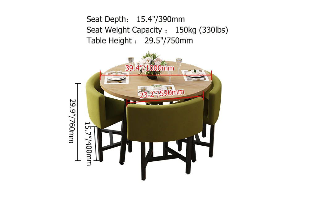 1000mm Round Wooden 4 Seater Dining Table Set Yellow Upholstered Chairs for Nook Balcony - 