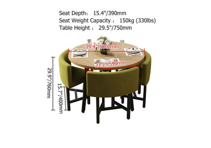 1000mm Round Wooden 4 Seater Dining Table Set Yellow Upholstered Chairs for Nook Balcony - 