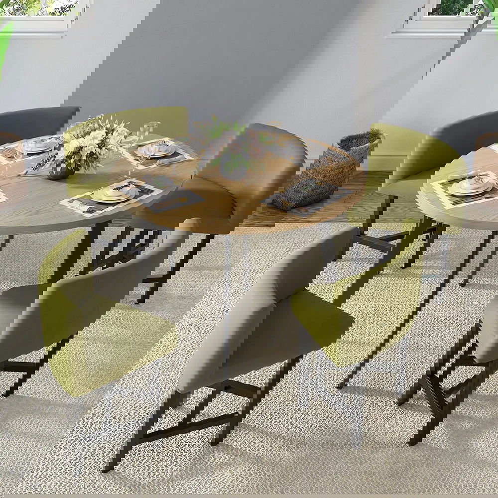 1000mm Round Wooden 4 Seater Dining Table Set Yellow Upholstered Chairs for Nook Balcony - 