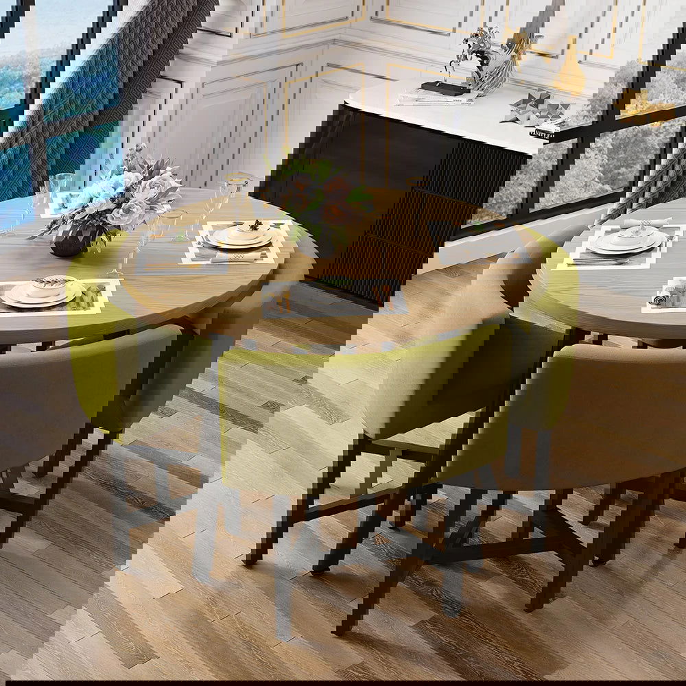 1000mm Round Wooden 4 Seater Dining Table Set Yellow Upholstered Chairs for Nook Balcony - Homary