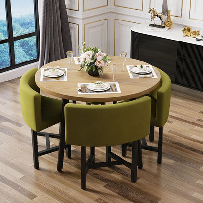 1000mm Round Wooden 4 Seater Dining Table Set Yellow Upholstered Chairs for Nook Balcony - Homary
