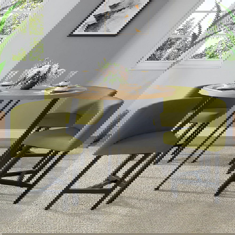 1000mm Round Wooden 4 Seater Dining Table Set Yellow Upholstered Chairs for Nook Balcony - Homary