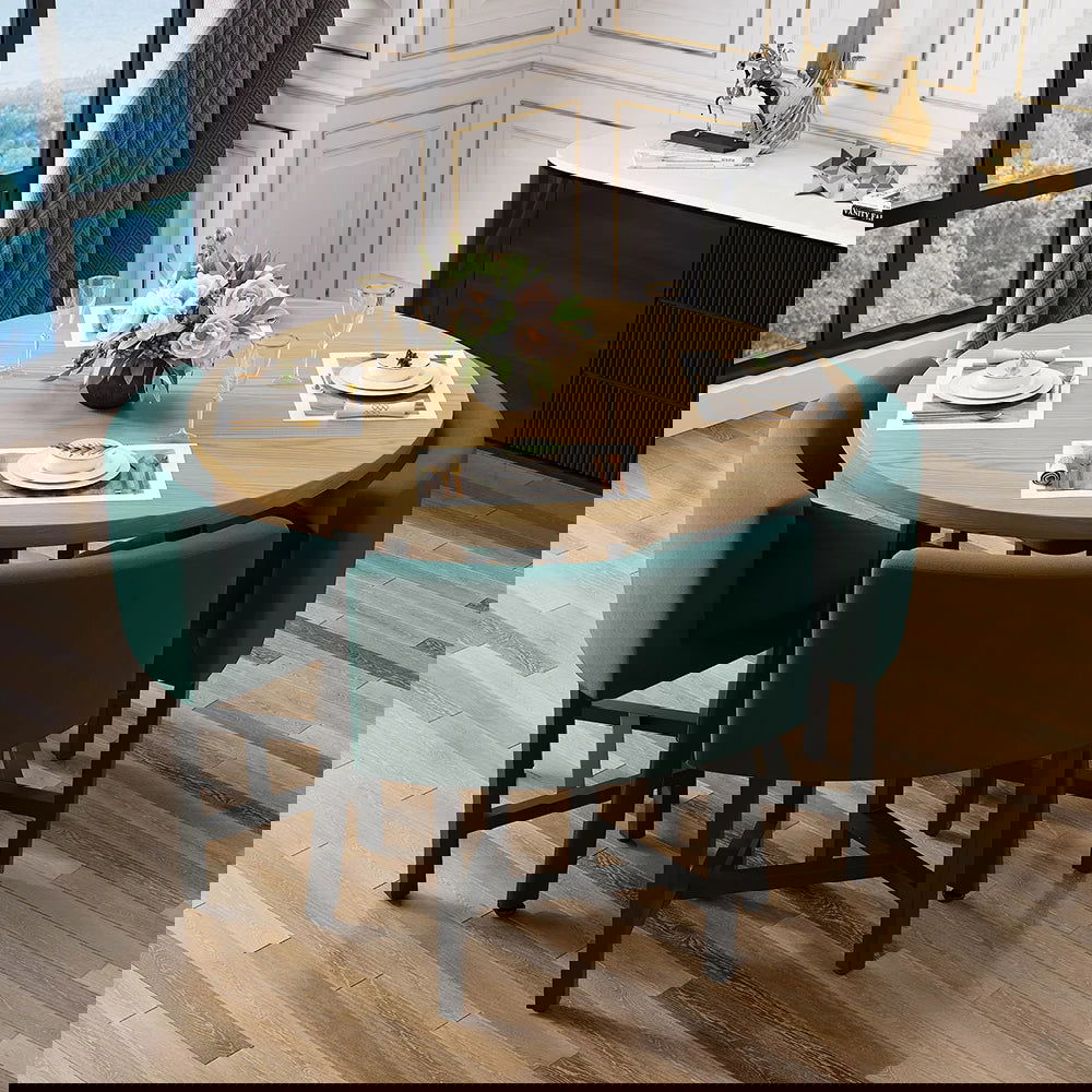 1000mm Round Wooden Nesting Dining Table Set for 4 Green Upholstered Chairs - 