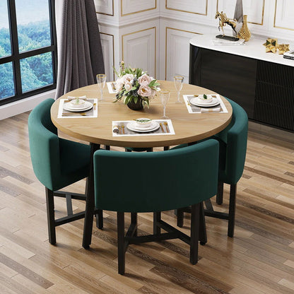 1000mm Round Wooden Nesting Dining Table Set for 4 Green Upholstered Chairs - 