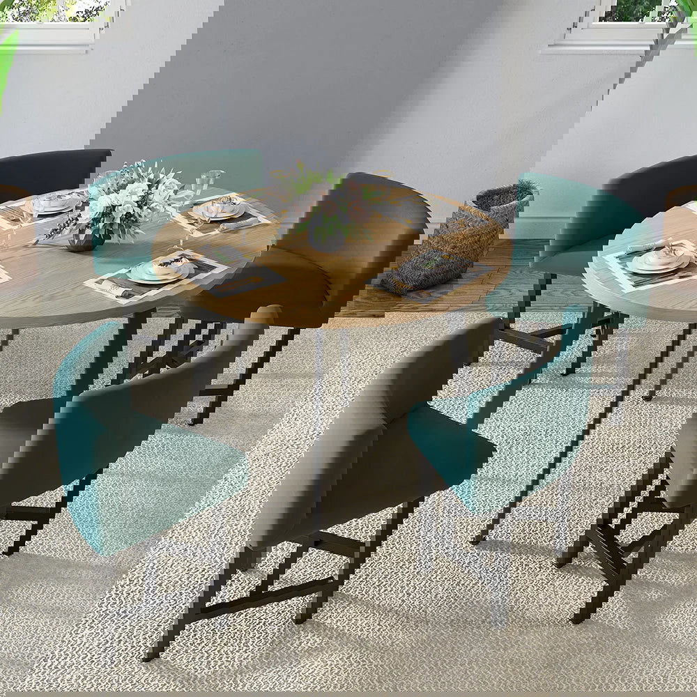 1000mm Round Wooden Nesting Dining Table Set for 4 Green Upholstered Chairs - 