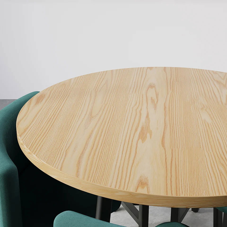 1000mm Round Wooden Nesting Dining Table Set for 4 Green Upholstered Chairs - 