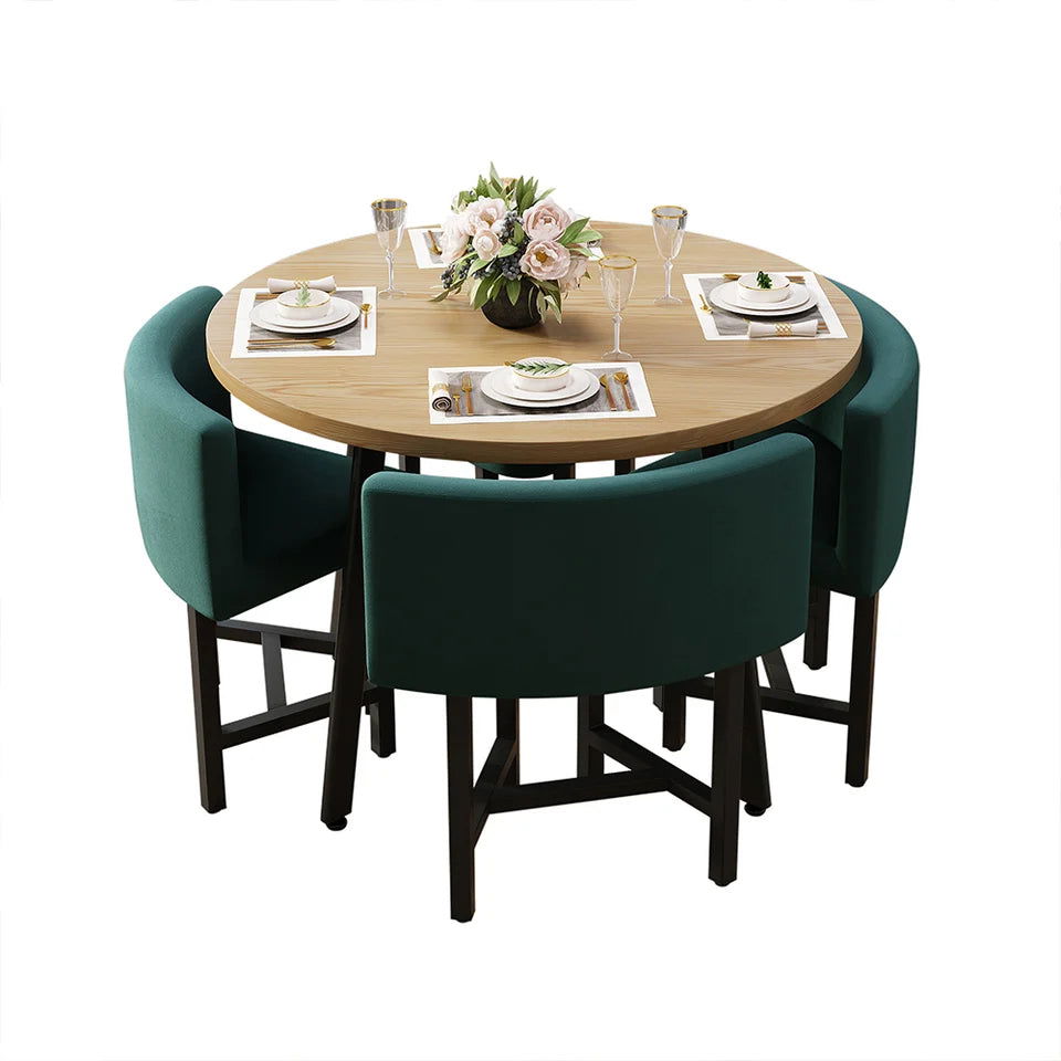 1000mm Round Wooden Nesting Dining Table Set for 4 Green Upholstered Chairs - 